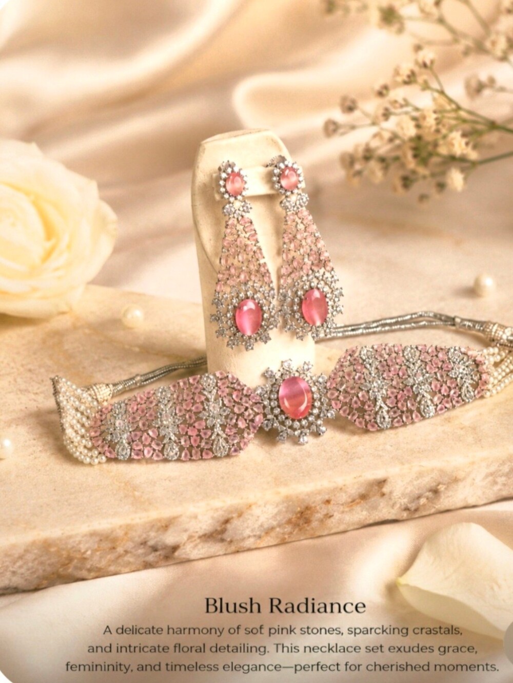 Elegant Pink Crystal Necklace and Earring Set -  Brand- SamaHeritage